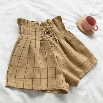 CamKemsey Japanese Harajuku Retro Plaid Summer Shorts Women 2019 Fashion Lace Up High Waist Wide Leg Shorts Girls Hot Shorts 5