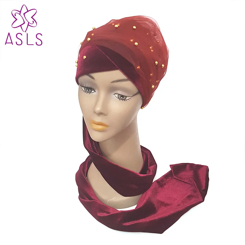 

High quality Luxury Mass Gold Beaded Mesh Head wrap Velvet Nigeria Long Turban Hijab Head double hands scarf women Turbante