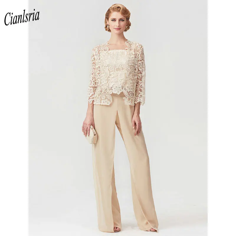 

2019 Mother of the Bride Dresses With Lace Jacket Chiffon Spaghetti Straps Three Quarter Sleeve Wedding Guest Pant Suits
