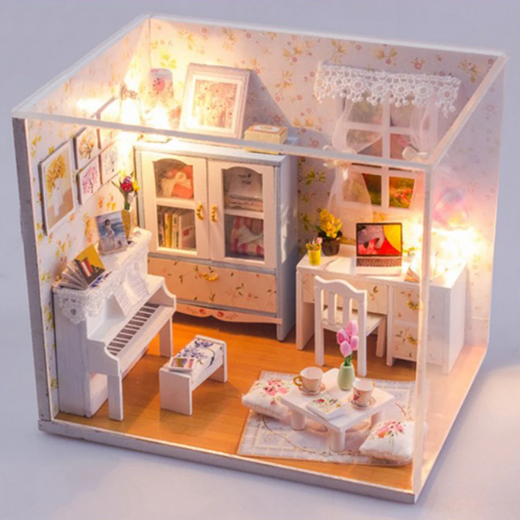 Cute DIY Wooden Dollhouse Miniature Apartment Room House Model LED Light Furniture Kits Birthday Wedding Gifts