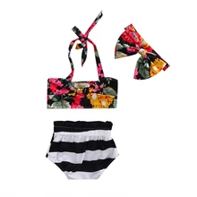 Топы с цветочным принтом для новорожденных девочек и шорты, штаны, бикини с повязкой на голову, купальный костюм, купальный костюм, пляжная одежда, бикини