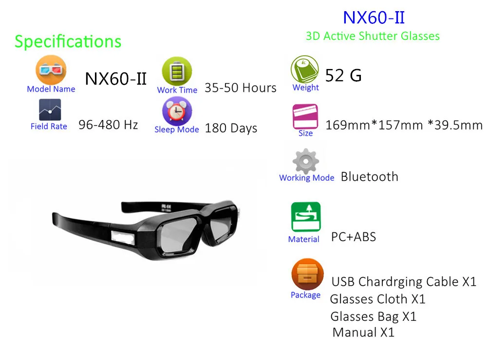 2 шт. nx60ii 3d активные виртуальной реальности Очки для Optama поддерживает rf/сигнала Bluetooth для LG/Sony /Panasonic/Sharp