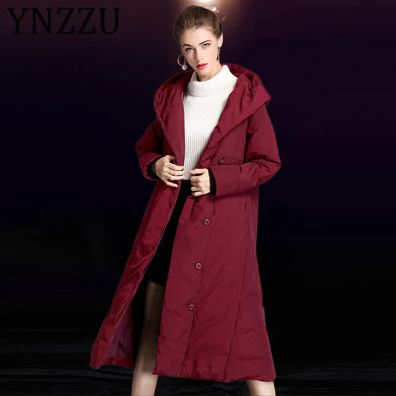 

YNZZU Luxury 2019 Winter Women's Down Jacket Elegant Long 90% White Duck Down Coats Hooded Thicken Warm Female Outwears A1071