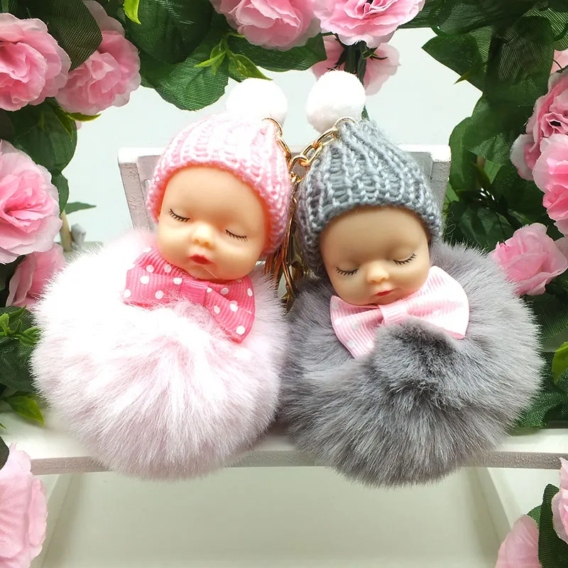 

Cute Sleeping Baby Doll Keychain Pompom Key Holder Bag Pendant fake Rabbit Fur Ball Key Chain Car Keyring Charm jewelry