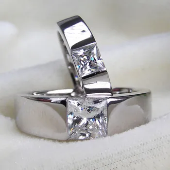 

18K Moissanite Couple Rings AU750 Pair Jewelry Fine Diamond Solitaire Princess Positive Moissanite White Gold Rings Lover's