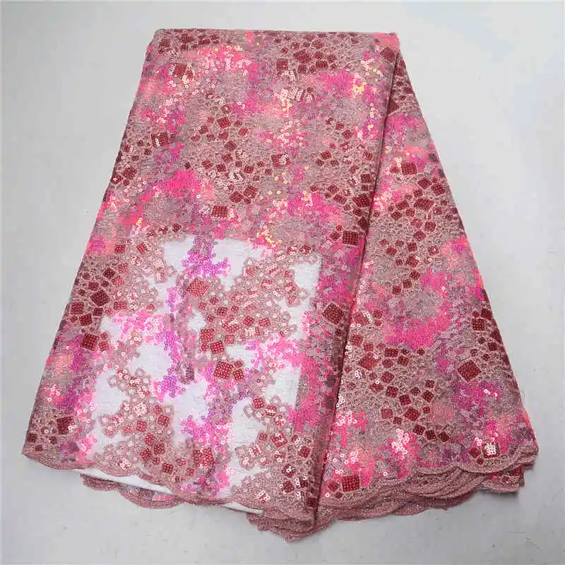 

2019 Hot Sale Pink Sequence Lace Fabric African French Tulle Lace Fabric Embroidery Net Lace Fabric With Sequin Lace PSA729-6