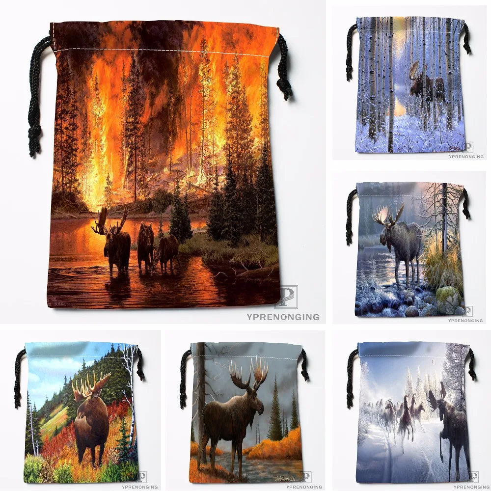 Custom Moose Oil Painting Drawstring Bags Printing Travel Storage Mini Pouch Swim Hiking Toy Bag Size