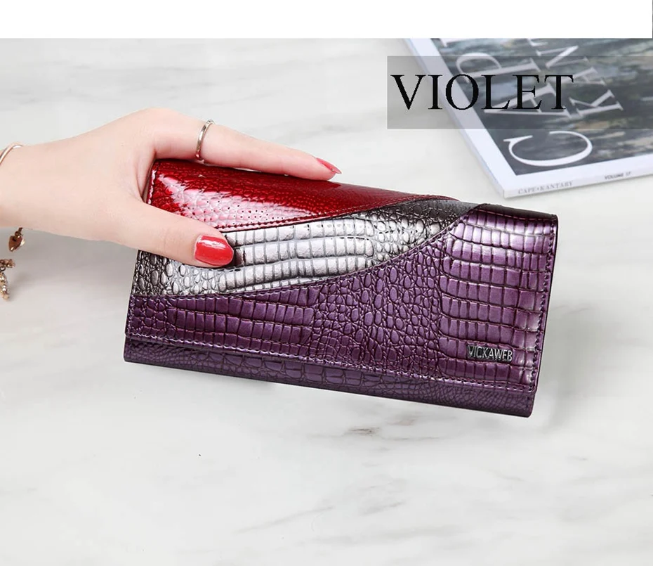VICKAWEB Wallet Female Patchwork Long Women Wallets Genuine Leather Purses Ladies Vintage Hasp Purse Alligator Standard Wallets-AE150-1-016