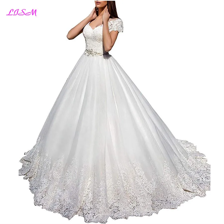 

Glamorous Lace Appliques Ball Gown Tull Wedding Dress Sweetheart Short Sleeve Bridal Dress Long Sheer Back vestido de noiva 2019