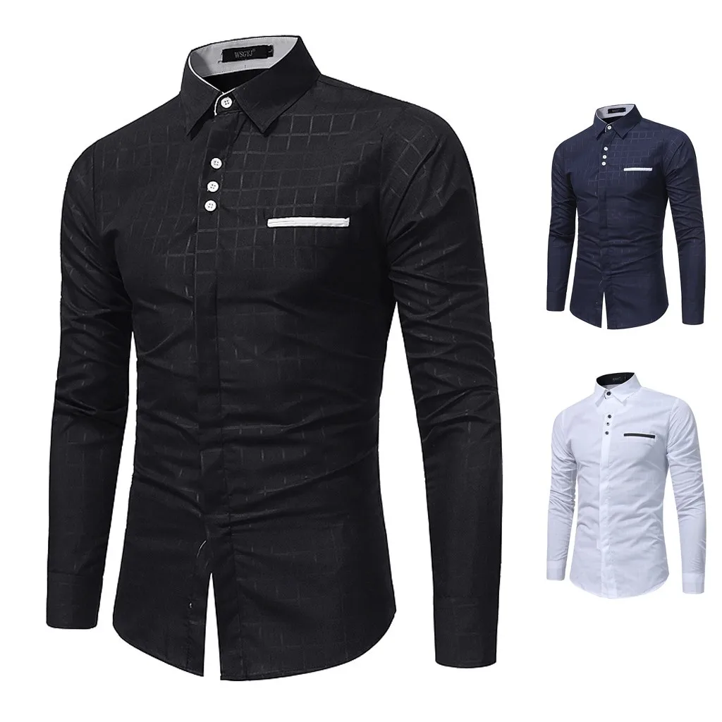 

2019 Camisa Male Shirts Men's Casual Button Turn-Down Collar Slim Fit Long Sleeve Top Shirt Blouse Camisas Masculina Plus Size