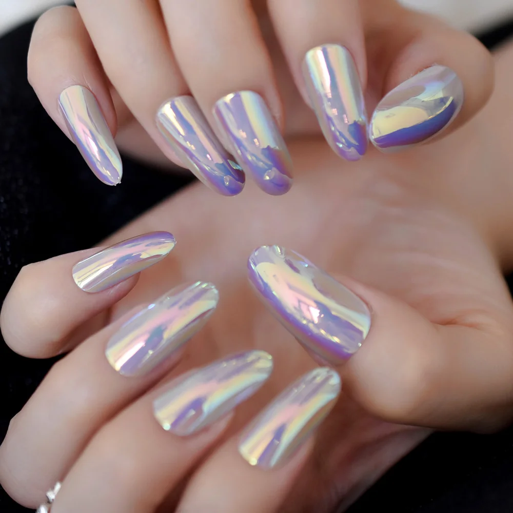 Chrome Pink Mirror False Nail Metallic Oval Round False Nail Metal Pink