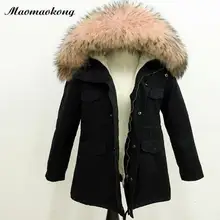 MAOMAOKONG Длинные Зимняя Куртка Женщин Большой Мех Енота С Капюшоном Пальто Парки И Пиджаки Съемная Подкладка Модный Бренд