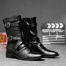 Masorini Мода PU мужские кожаные ботинки острый носок резиновые сапоги до середины икры Туфли с ремешком и пряжкой на низком каблуке Для мужчин размер 38-44 обувь WW-125