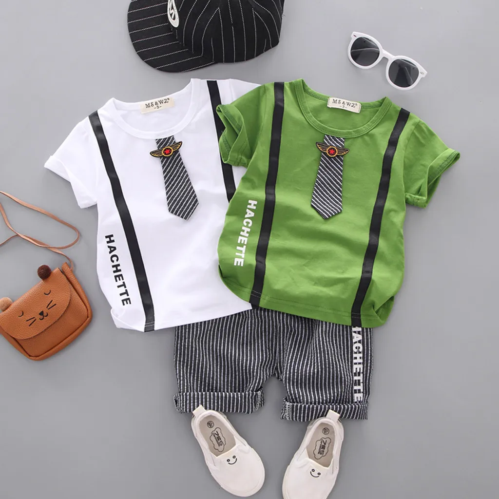

2019 Children Newborn toddler girls outfit set Kid Baby Boy Gentleman Tie Letter Top T Shirt + Striped Shorts Outfit Set