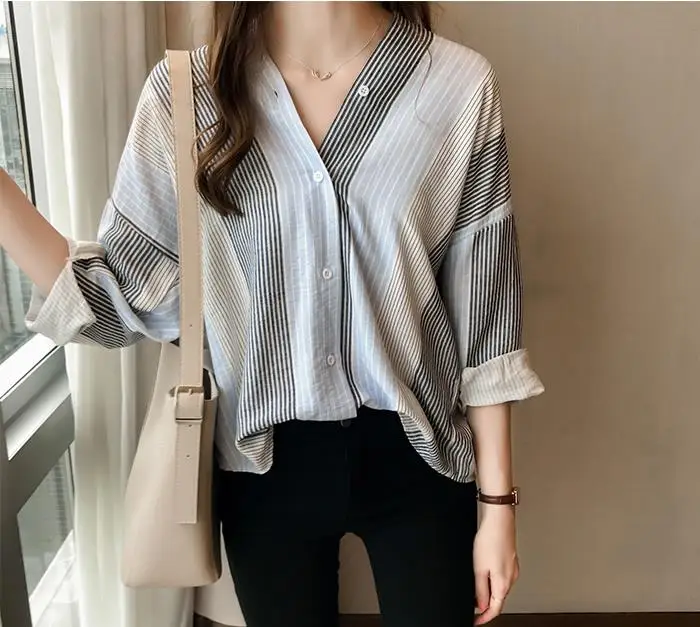 

2019 New Fashion Blouse Shirt Spring Summer V collar Long sleeves stripe Easy Wild Joker Chiffon Casual shirt