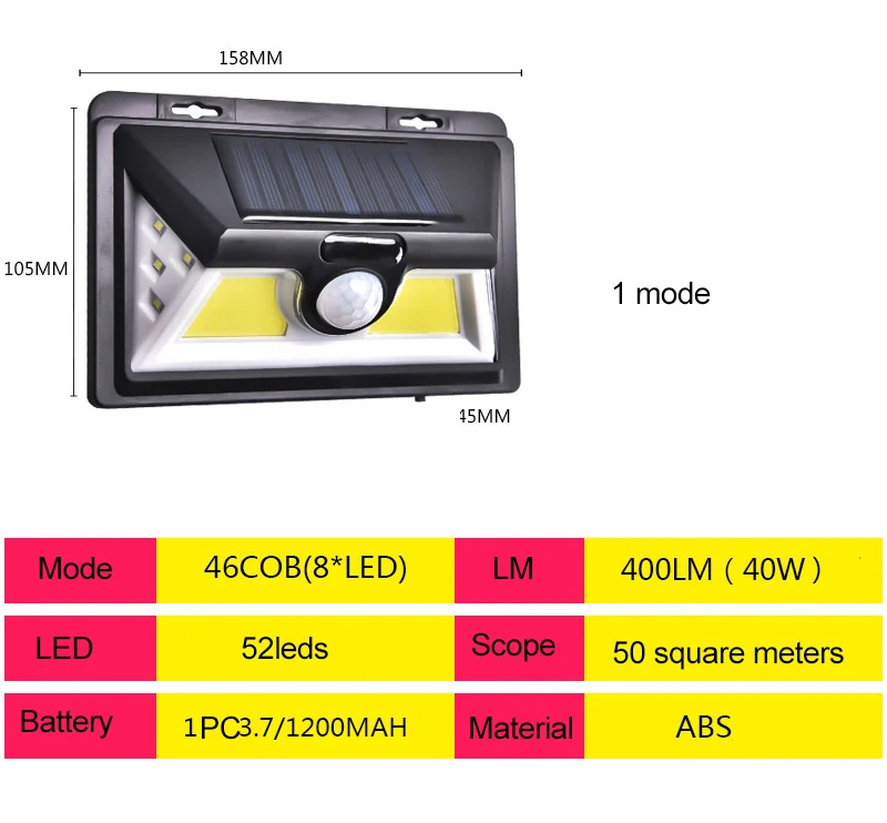 Солнечная лампа светодиодный настенный солнечный светильник Открытый охранный светильник ing с датчиком движения детектор сад задняя дверь шаг 270 градусов удлинить - Испускаемый цвет: COB 46led Lengthen
