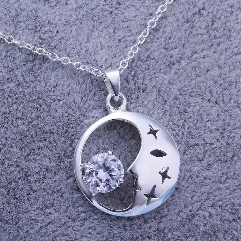 

fine 925 sterling silver pendant 925-sterling-silver jewelry rhinestone moon pendants necklace for women men +chain SP316
