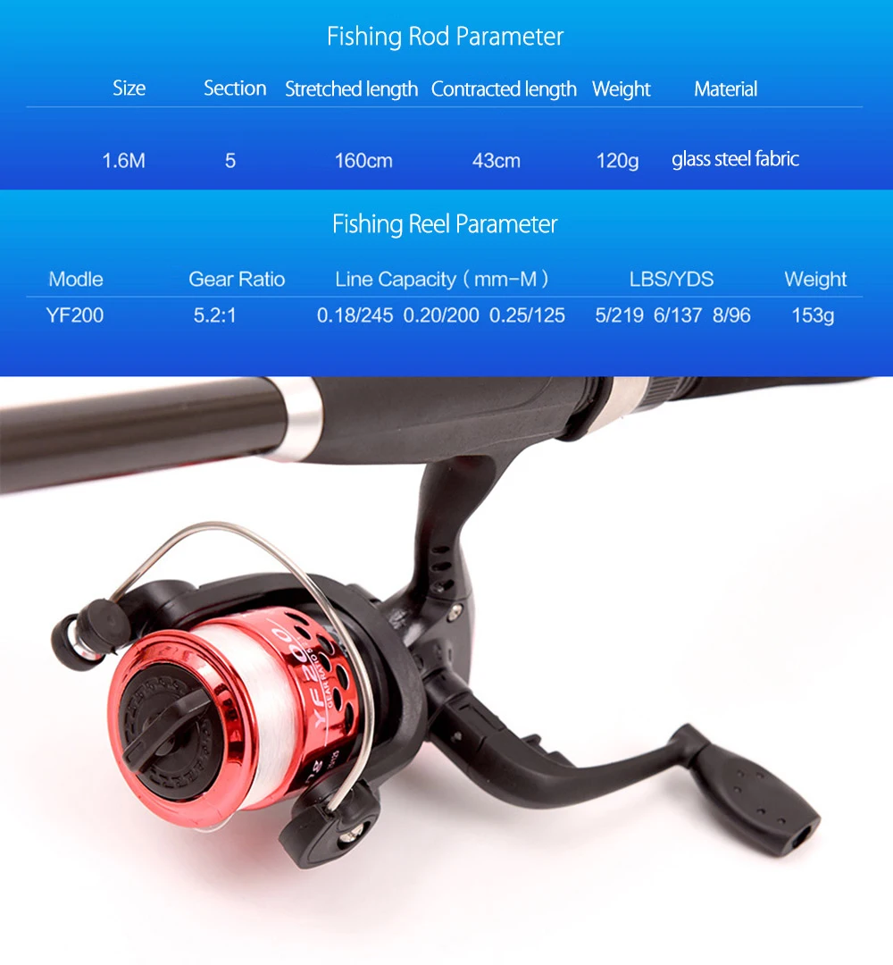 LEO 1.6M Telescopic Fishing Rod Kit+ Fish Reel Lure Hook Tackle Fishing Rod Reel Set Full Kit Spinning Reel Pole Rod Combo