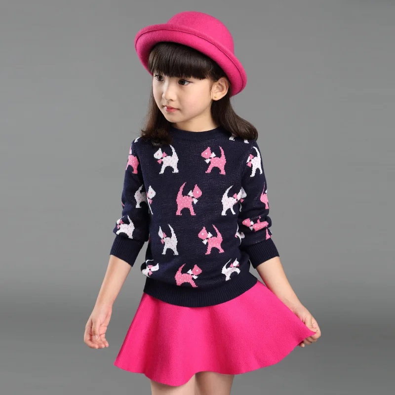2015 autumn winter kid girl clothes set 2 12 years super cute cat