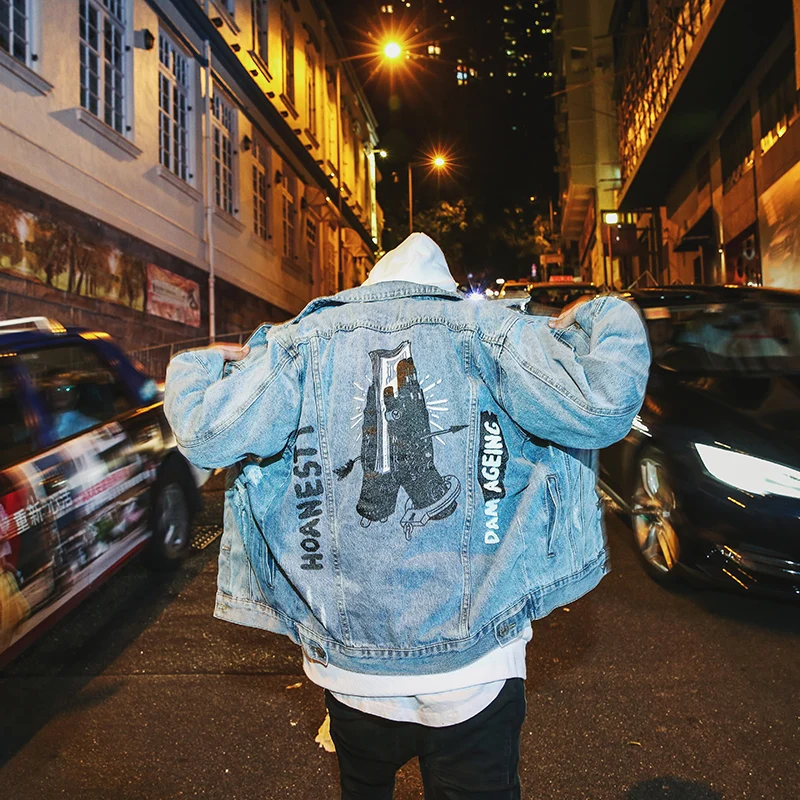 

Gesture Printing Front Single Breasted Destroyed Jeans Jacket Men High Street Ripped Denim Jackets Men's Jacket US Size