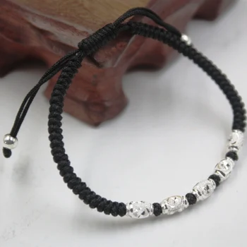 

New Real S925 Sterling Silver Chain Women Bless Oval Bead Black Knitted Bracelet