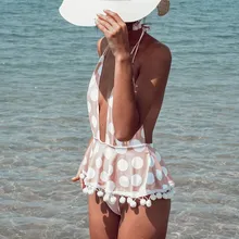 Sexy Flower Print Female One Piece V Neck Bodysuit Bohemian Dot Print Summer Women Halter Bodysuit Pom Ball Sweet Jumpsuit sweet halter neck floral print one piece swimwear for women