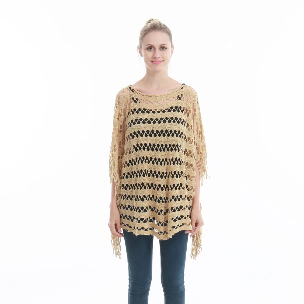 Лето-осень, женское пончо, Повседневный свитер, тонкий пуловер с кисточками, Золотая проволока, женский шарф, пляжный Халат PH33 - Цвет: khaki