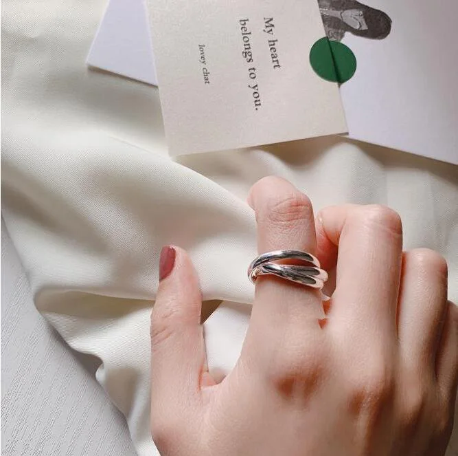 Anenjery простой модного серебристого цвета Твист три круга кольца для женщин обручальные свадебные кольца S-R394