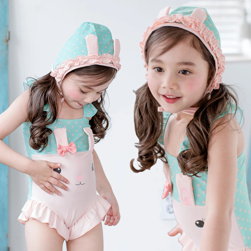 Cute Bunny Baby Girls Swimsuits With Cap Lovely Children Toddler