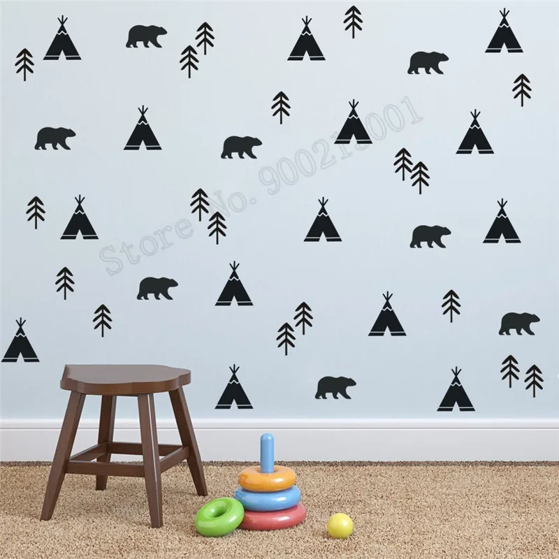 

Room Decoration Mixed Pattern Wall Decor Sticker Small Decal Vinyl Art Removeable Tribal Teepee tent Bears Trees Mural LY541