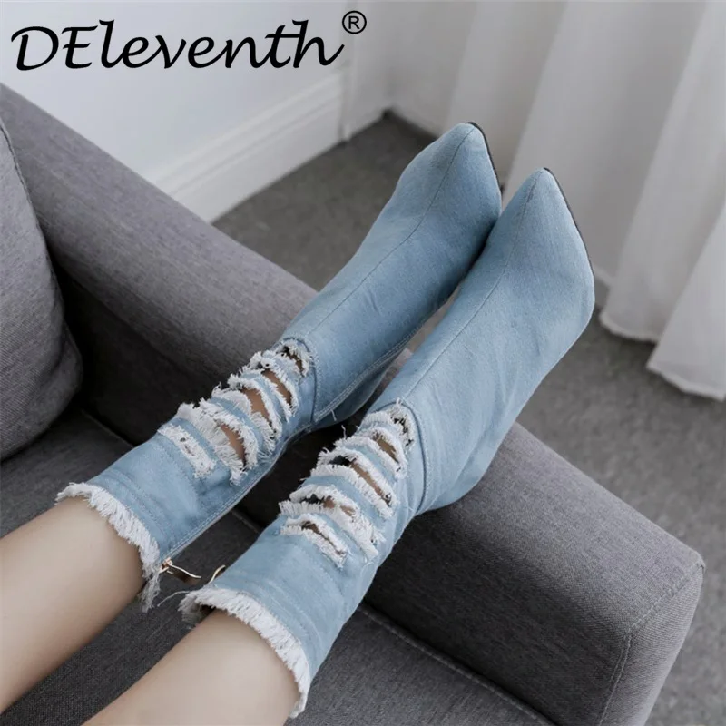 

DEleventh women's winter boots pointed toe stilettos high heels hollow boots lace decoration woman boots blue denim jeans boots