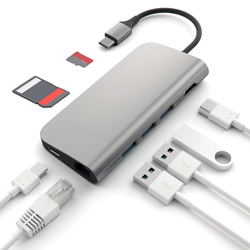 

USB C Hub Type C Adapter with 3 USB 3.0 Ports 4K HDMI USB-C Charging Port Gigabit Ethernet SD/TF Card Reader for MacBook Pro