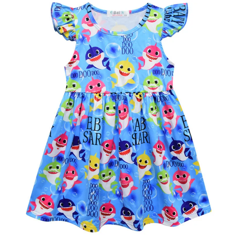 

Toddler Girls Summer Dress Blue Baby Shark Clothes Milk Silk Puff Sleeve Kids Dresses for Girls Vestido Children Cartoon Dress