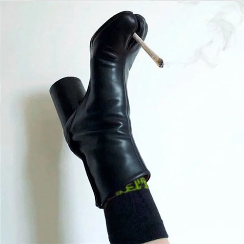 

Leather Tabi Women Ankle Boots Bloack Heels Pumps Shoes Woman Runway Thigh High Boots Brand Bottines Femmes Tide Martin Boots