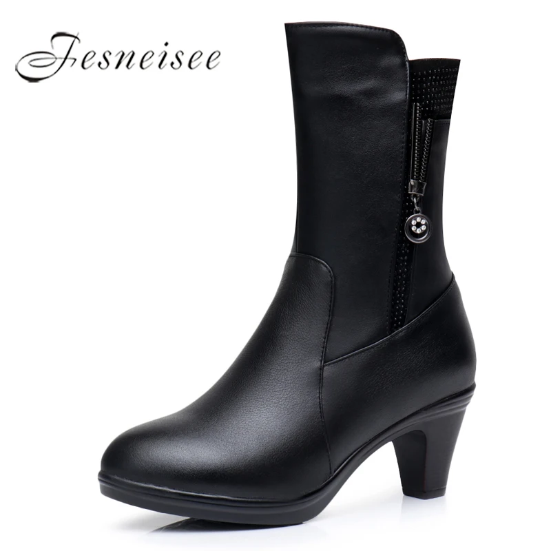 

2019 New Winter Mid Calf Boots Woman Boots Genuine Leather Round Toe High Heels Rain Boots Metal decoration Shoes Size 35-40 M4