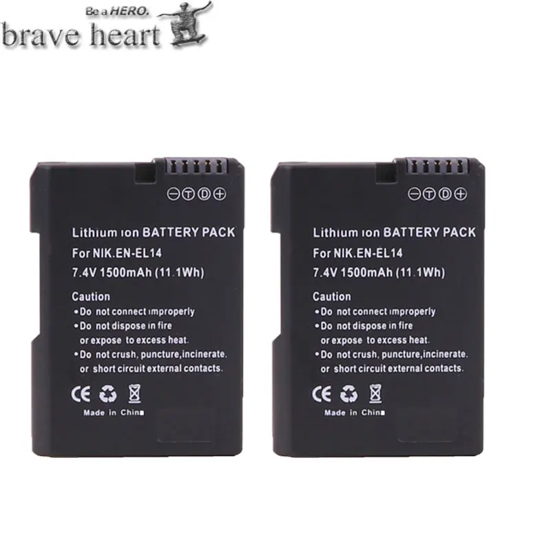 Brave сердце 2x bateria EN-EL14 RU EL14 батарея+ USB Зарядное устройство для цифровой камеры Nikon COOLPIX P7000 P7700 P7800 D3100 D3200 D3300 D5100 D5200 - Цвет: 2battery