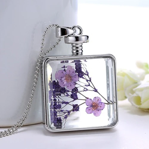 

Women's Dried Lavender Flower Glass Square Pendant White Necklace