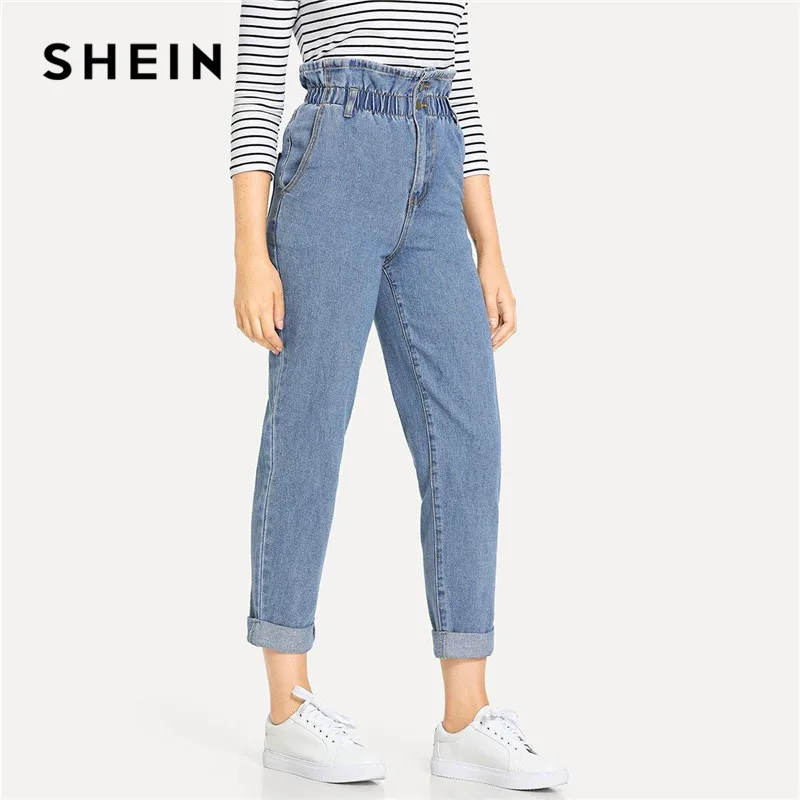 SHEIN bleu roulé ourlet Frill taille haute Jeans 3 couleurs 2019 femmes printemps plaine poche Zipper taille élastique pantalons décontractés pantalons