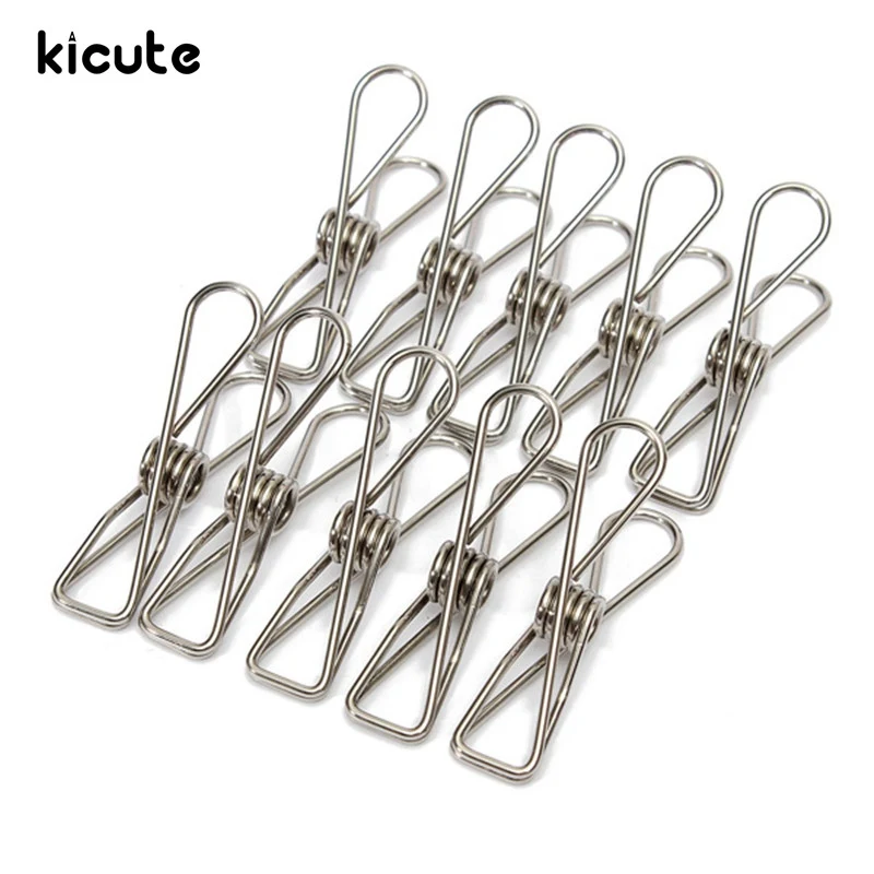 

Kicute 10pcs/set Stainless Steel Metal Spring Clips Clothes Hanging Pegs Clips Clamps Silver Binder Clips Home School Supply