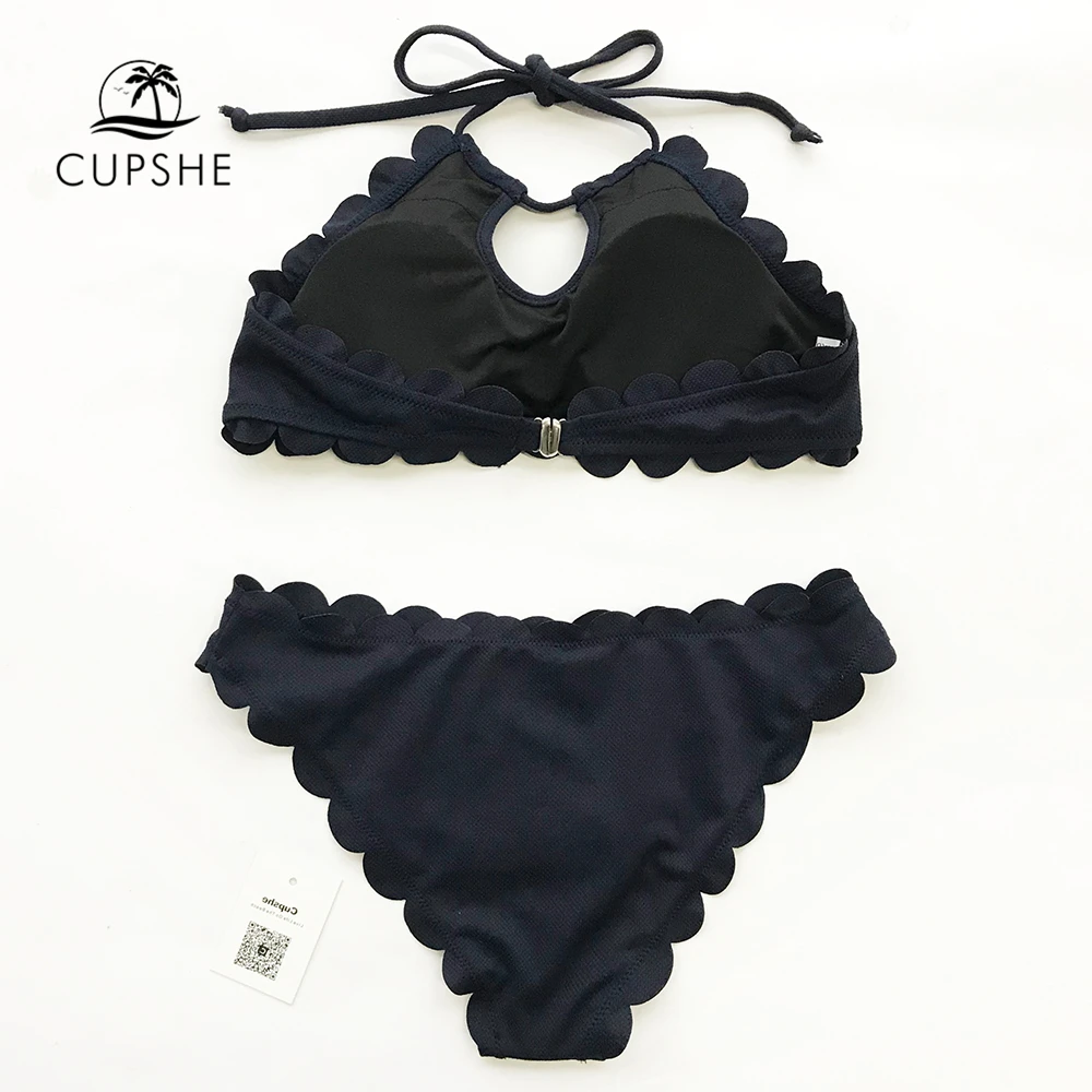 Günstig CUPSHE Dark Blue Halter Bikini Set Frauen Ausschnitt Backless Crop Top Zwei Stücke Bademode 2019 Mädchen Strand Badeanzüge Badeanzüge