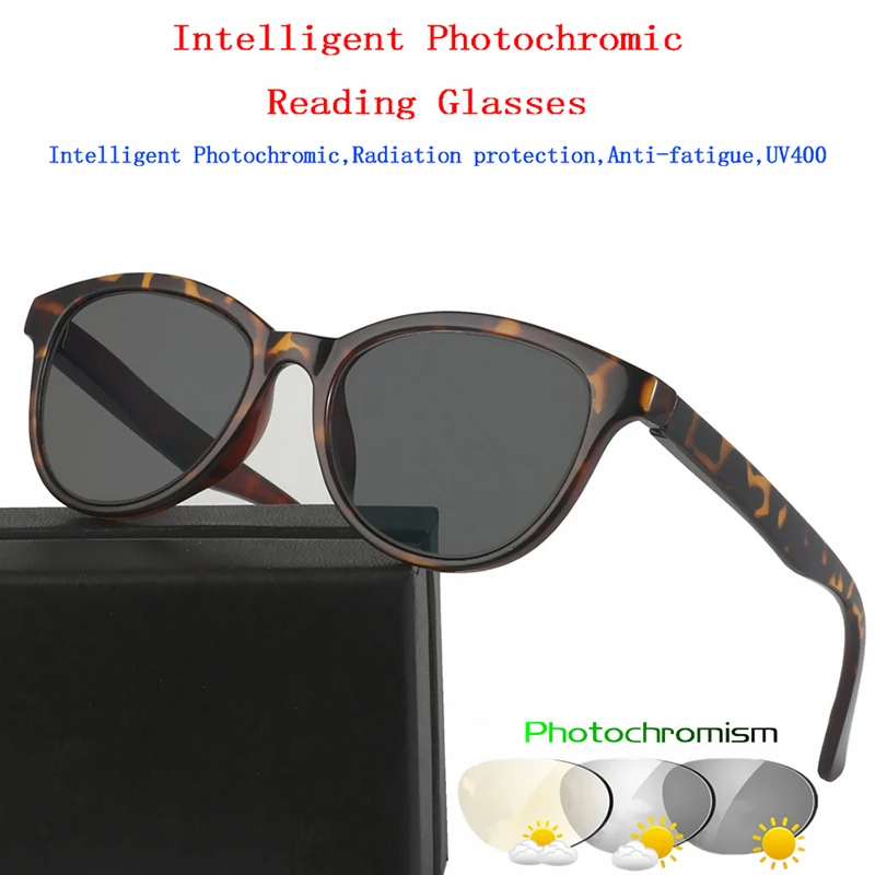 

New Arrived 2018 Intelligent Photochromic Reading Glasses Magnifier Vintage Unisex Cat Eye Black,Leopard Print Glasses UV400 H5