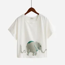 Топ для сна с принтом слона, милая футболка для женщин, летняя свободная футболка с коротким рукавом для больших женщин, хлопок, T6715