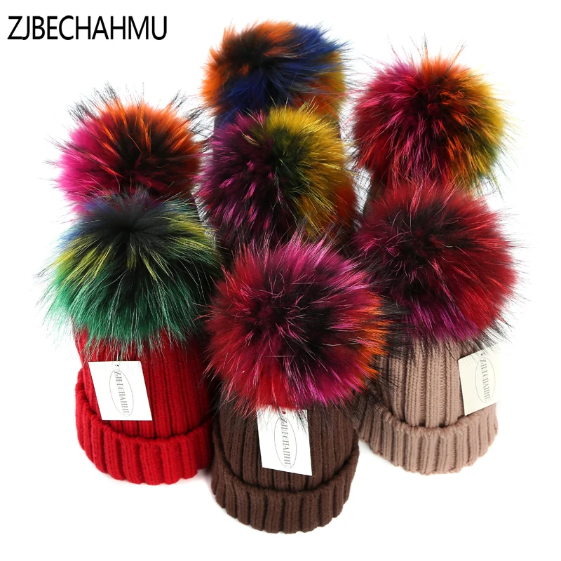 Модные новые помпоны из натурального Лисьего меха норки 15 см Skullies Beanies, шапки для женщин и девочек, зимние шапки, Детские теплые шапки Skullies Beanies