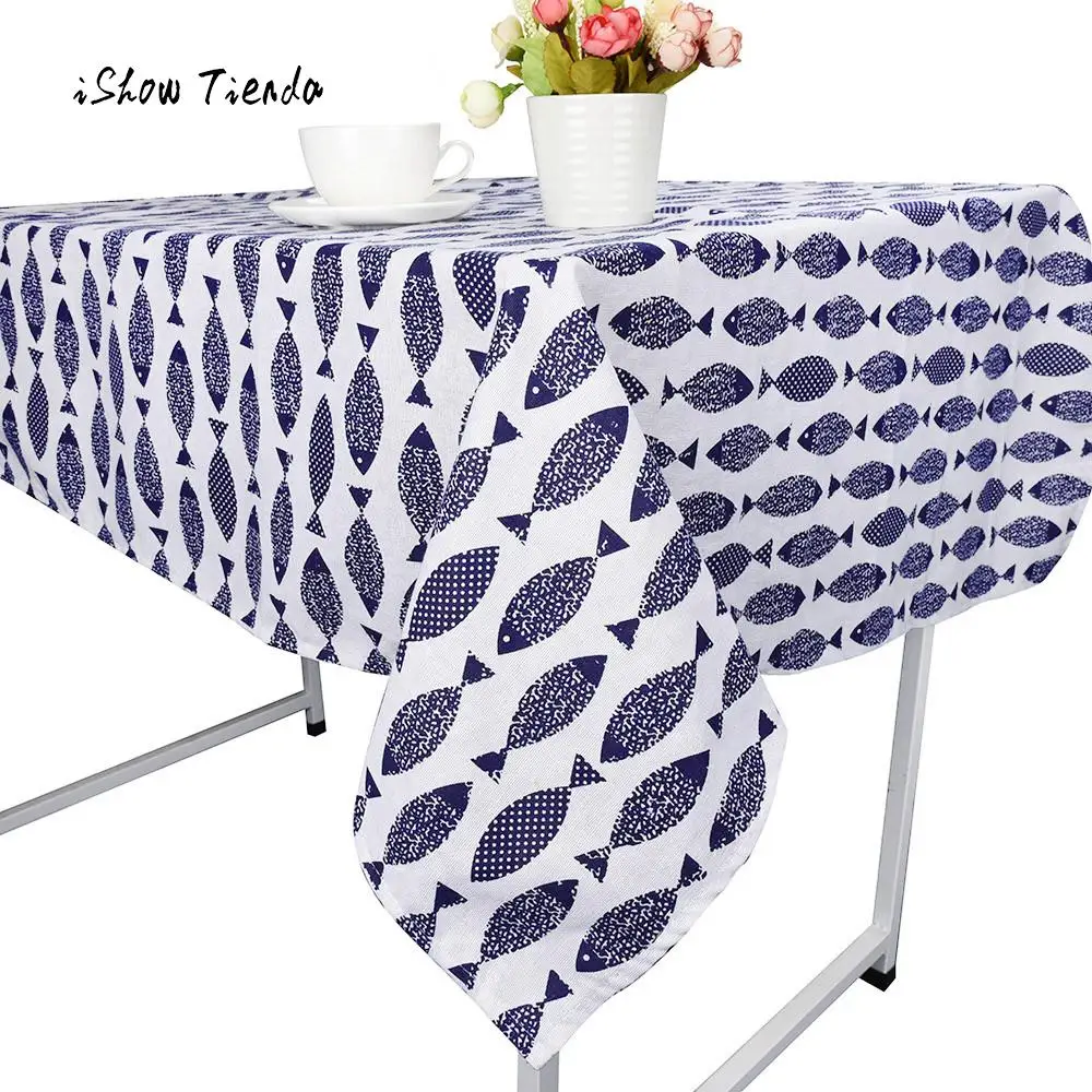 

90*90cm Saury Dining Tablecloth Cute Blue fish Cotton Linen Rustic Rectangle Washable Table Cover Modern Home Tablecloth