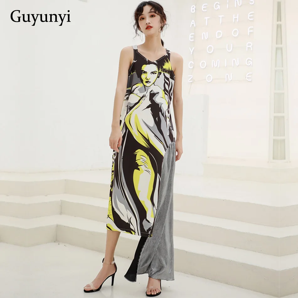 Summer High Street Dress 2019 Classic Cartoon Pattern Sleeveless Stitching Asymmetric Hem Women's Dresses