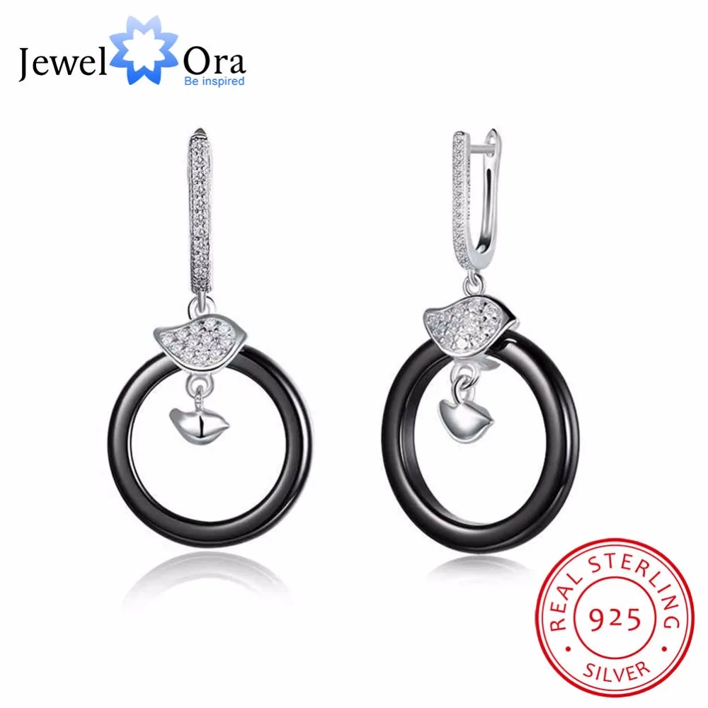 

New Women 925 Sterling Silver Female Drop Earrings Trendy Black Round Ceramic Dangle Earrings Jewelry Gift JewelOra EA101968