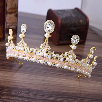 

New Fashion Princess Handmade Pink Crystal Beaded Wedding Crown Pearls Bride Hair Accessories Bridal Tiaras Women Headpieces