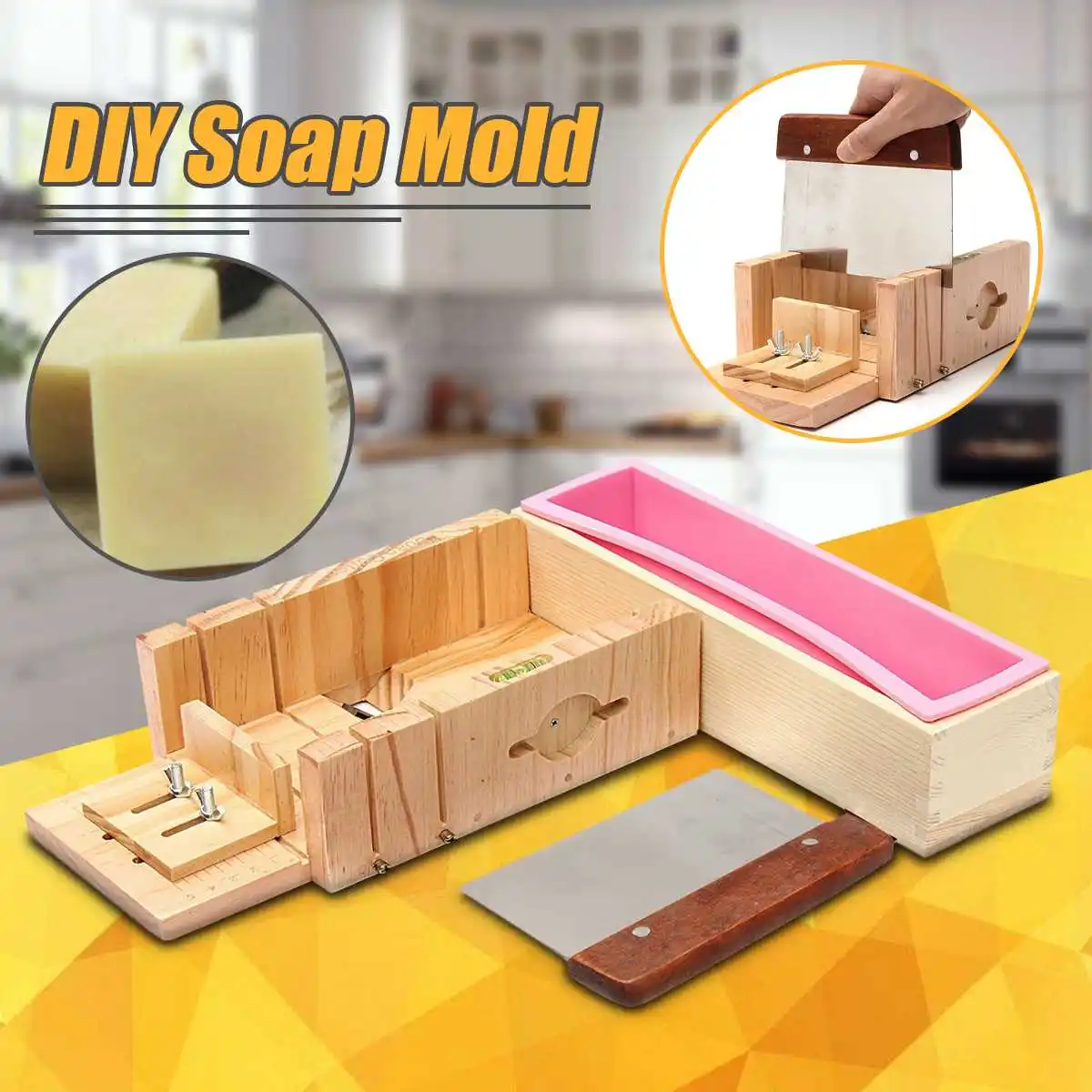 Silicone Soap Mold Rectangular Wooden Box Flexible Liner Stainless Steel Knife Cutter for DIY Handmade Loaf Mould Soap mold