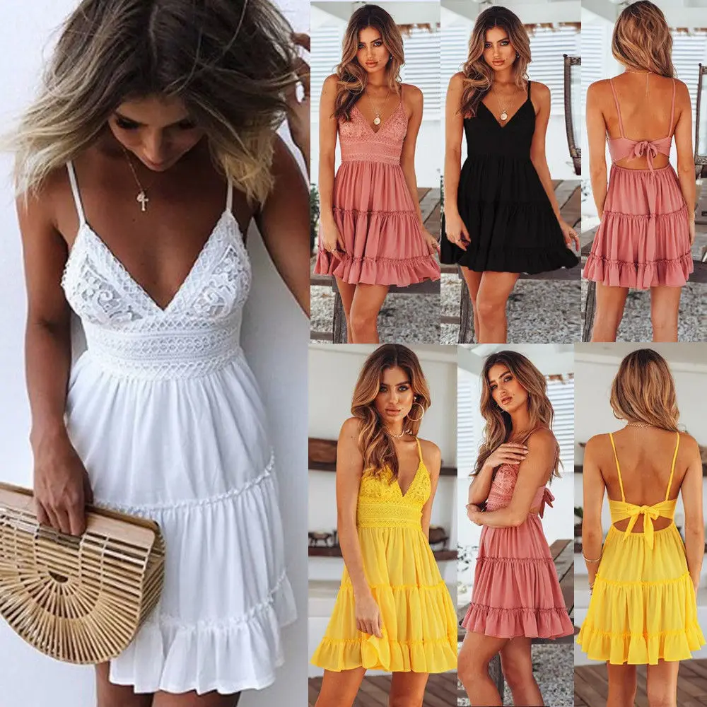 Hot Summer Women Summer Dress Sexy Bow Backless V-neck Mini Beach Dresses Sleeveless Mini Ruffle White Summer Beach Dress