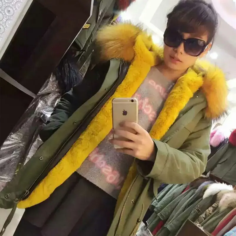 Special Price New Arrival Winter women Army green jacket fake fur coat yellow raccoon fur collar parka